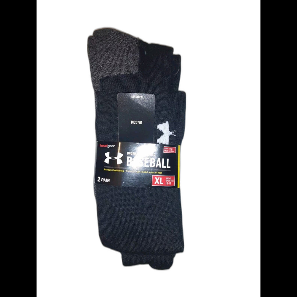 Under Armour Heat Gear Baseball 2 Pair Pack Men's Black Socks XL Size 13-16 NWT